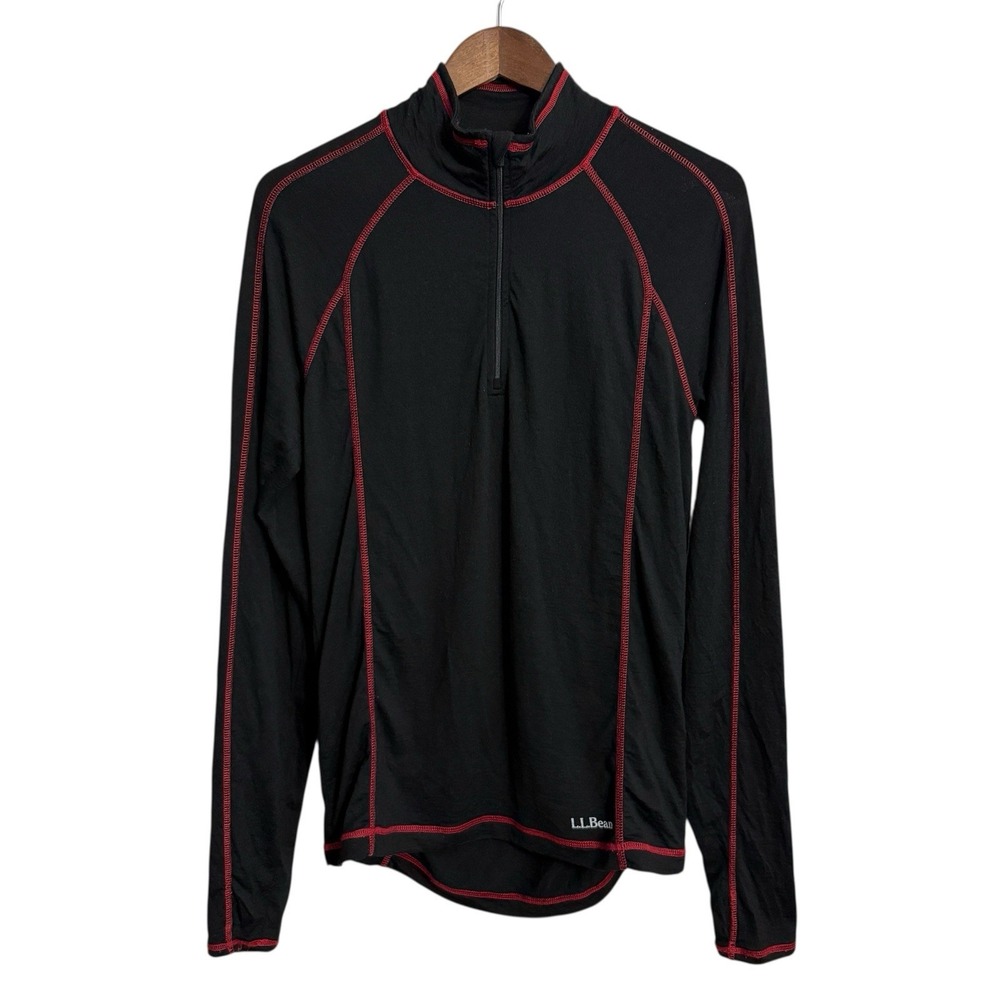 LL Bean 100% merino wool base layer men's small‎ black red 1/4 quarter zip light